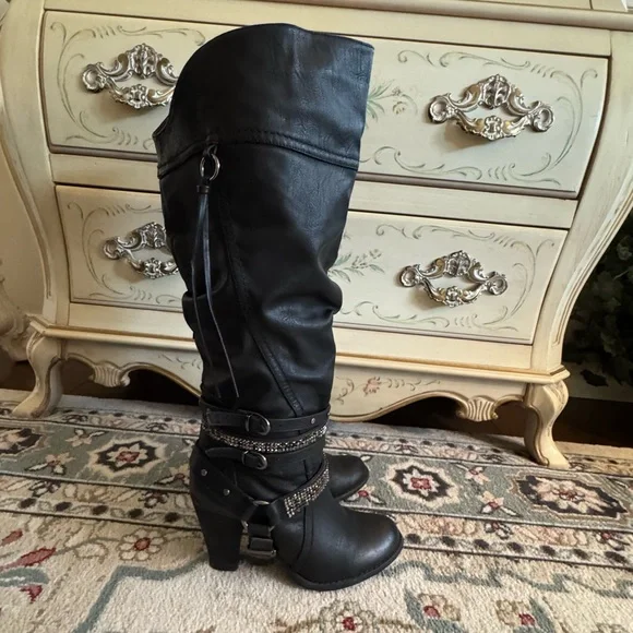 Not Rated Stacey High Harness Slouchy Boots Rhinestone Straps And Buckles - Picture 4 of 16